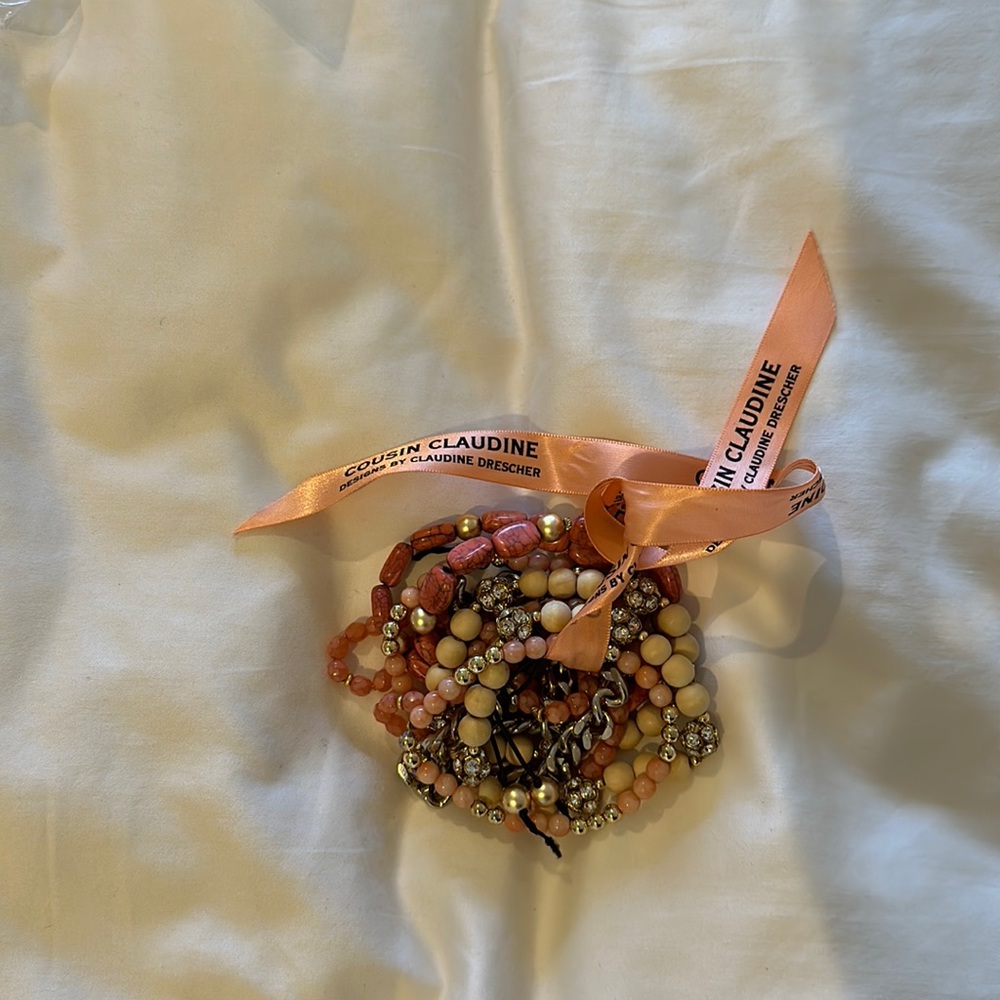 Cousin Claudine coral, gold, and ivory beaded bracelet set